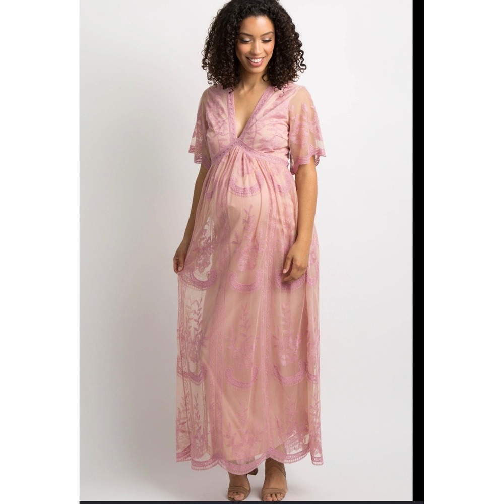 PinkBlush Lace Mesh Overlay Maternity Dress L Pink Photoshoot Baby Shower